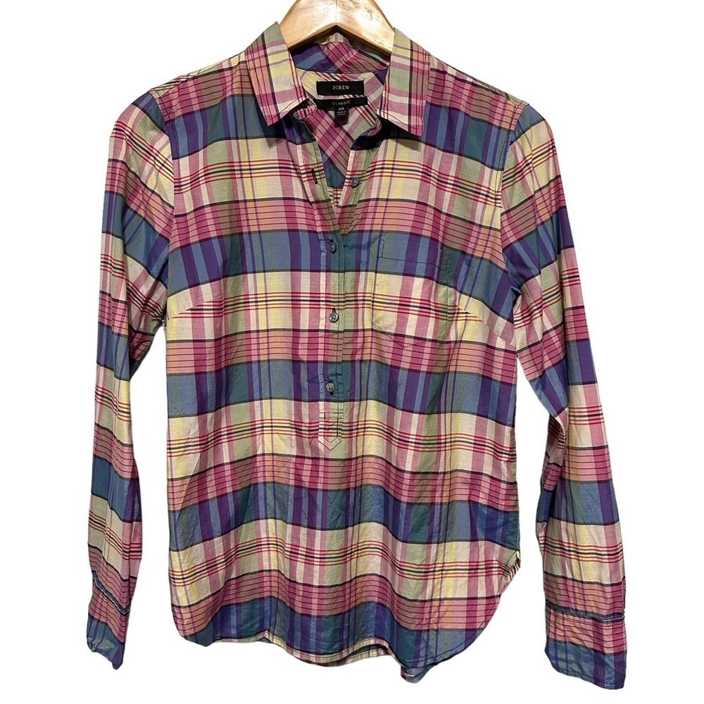 J. Crew Classic Popover Shirt Women's XS Plaid Cotton Silk Preppy Blouse Top